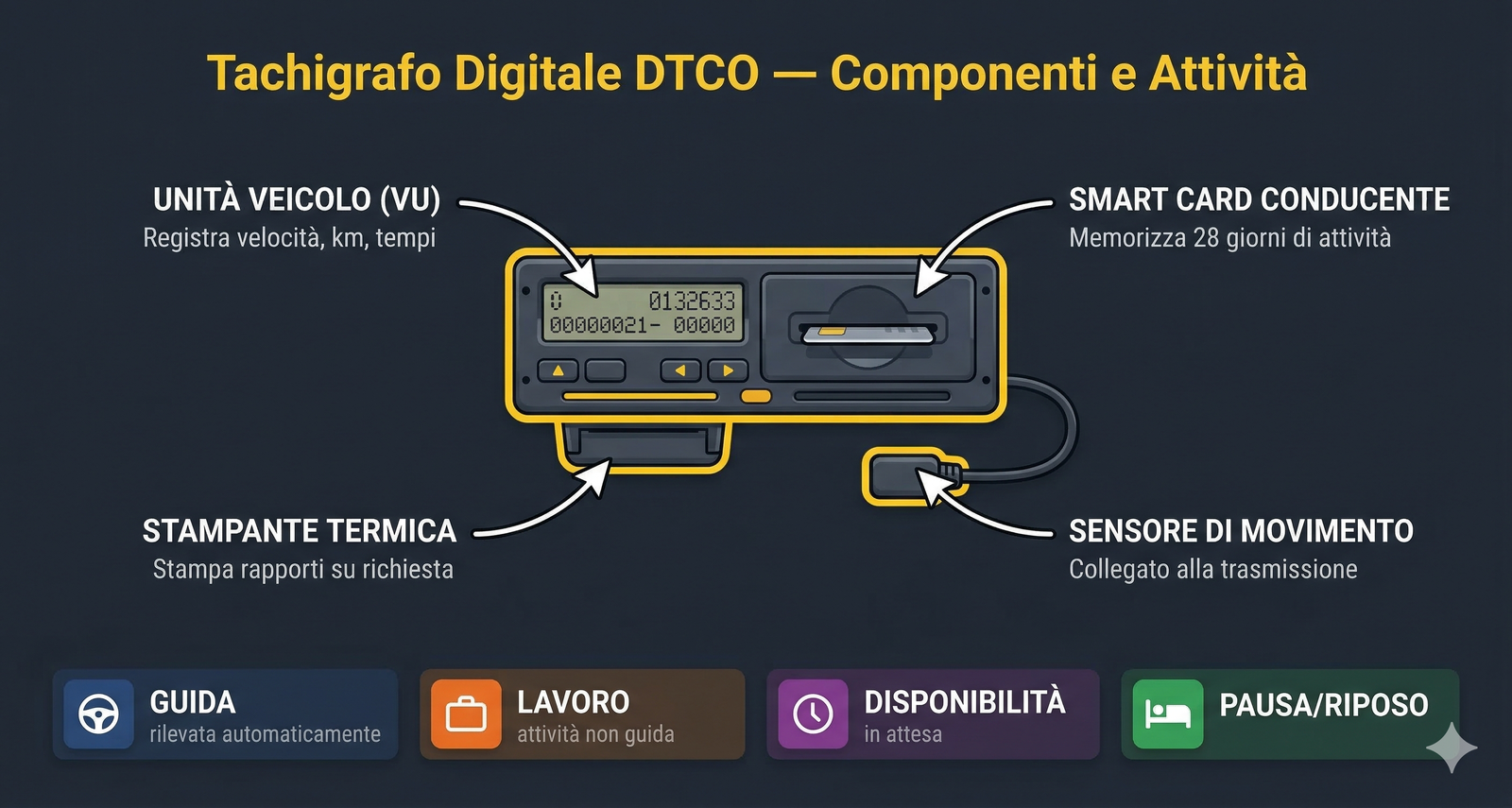 Tachigrafo digitale DTCO — componenti e 4 modalità di attività