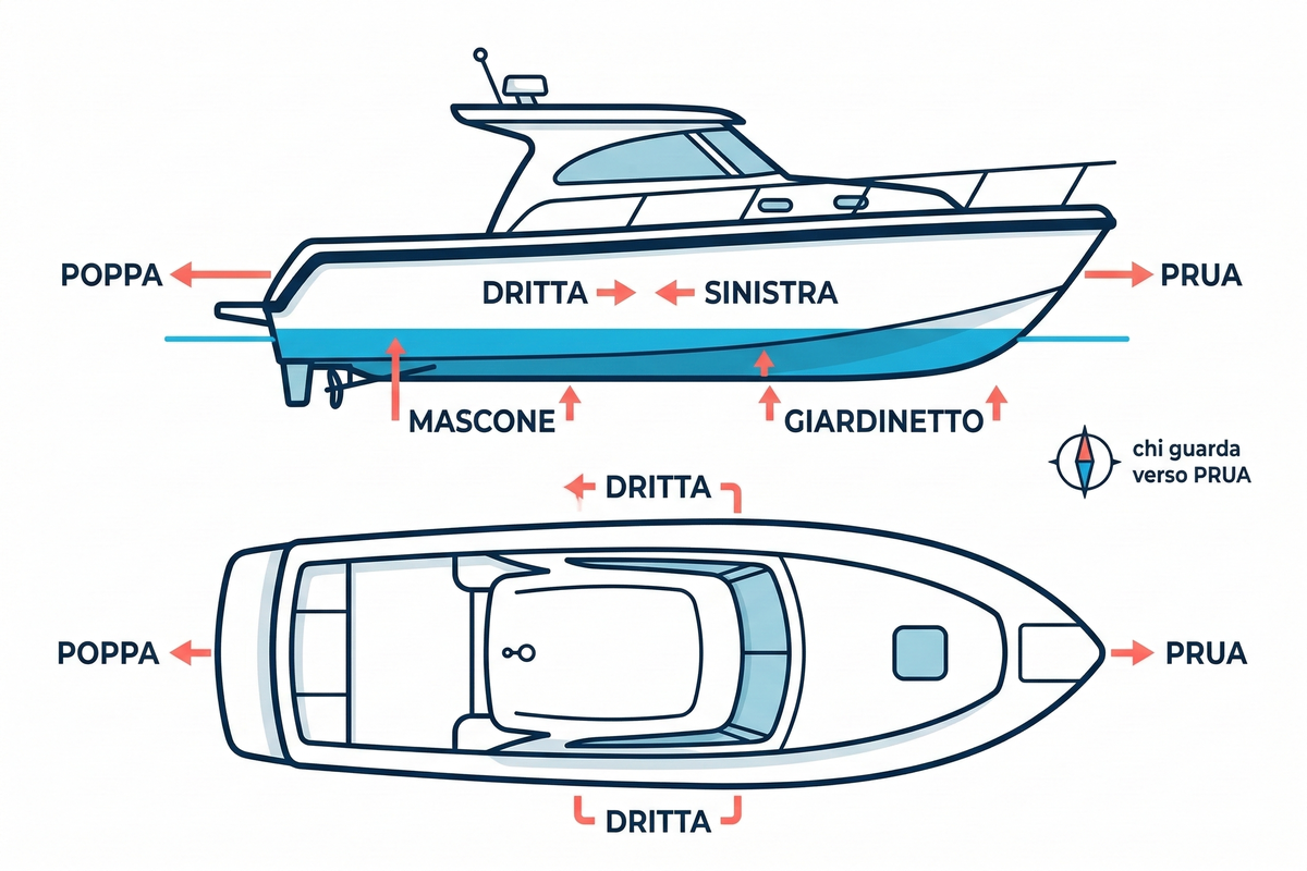 Diagramma orientamento dello scafo: prua, poppa, dritta, sinistra, mascone e giardinetto