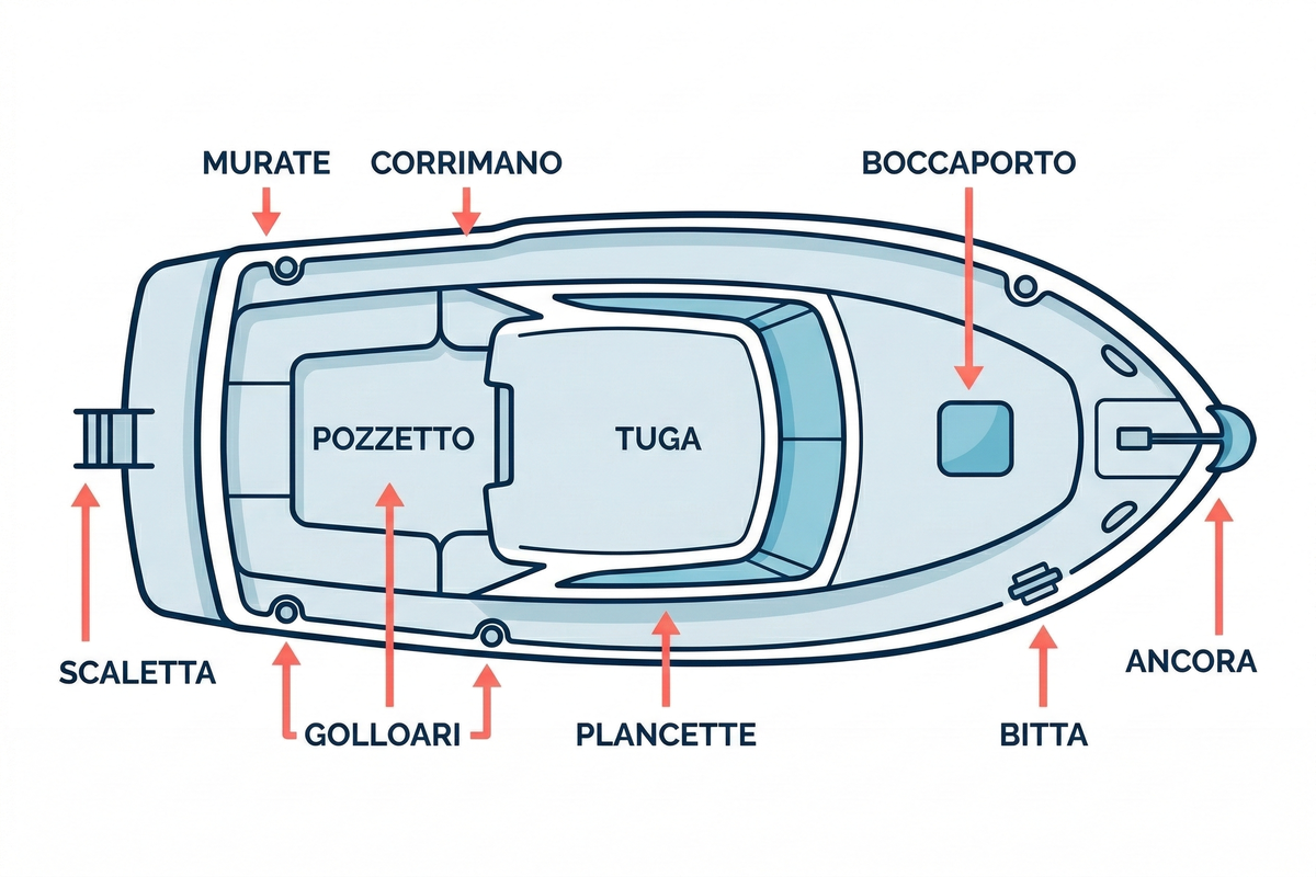 Vista dall'alto della coperta: murate, corrimano, boccaporte, tuga, pozzetto, bitte e golfari