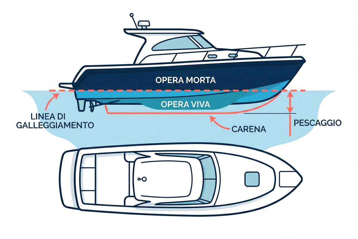 Diagramma linea di galleggiamento: opera viva (carena immersa) e opera morta (parte emersa)
