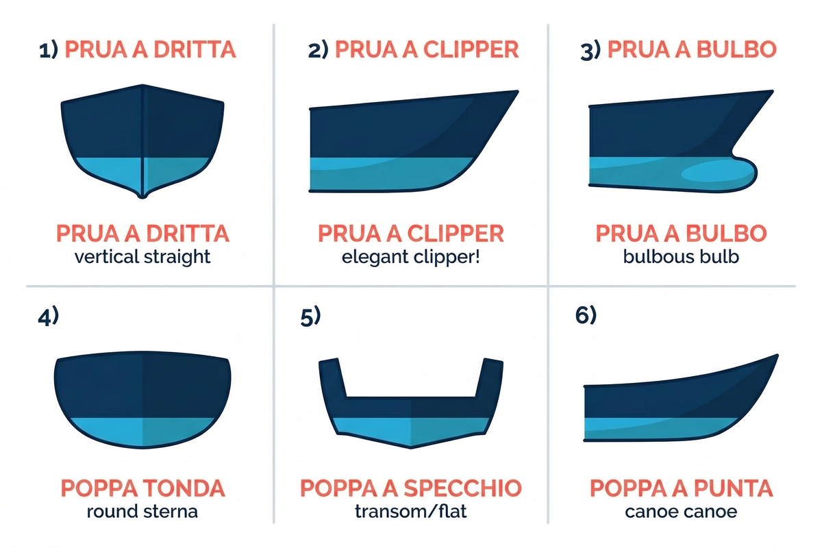 Tipologie di prua e poppa: prua dritta, clipper, a bulbo; poppa tonda, a specchio, a punta