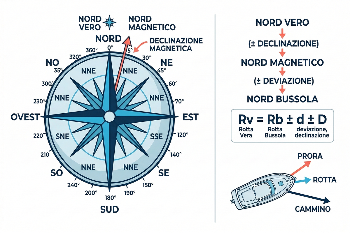 Rosa dei venti con nord vero e nord magnetico, declinazione magnetica e formule di conversione rotte
