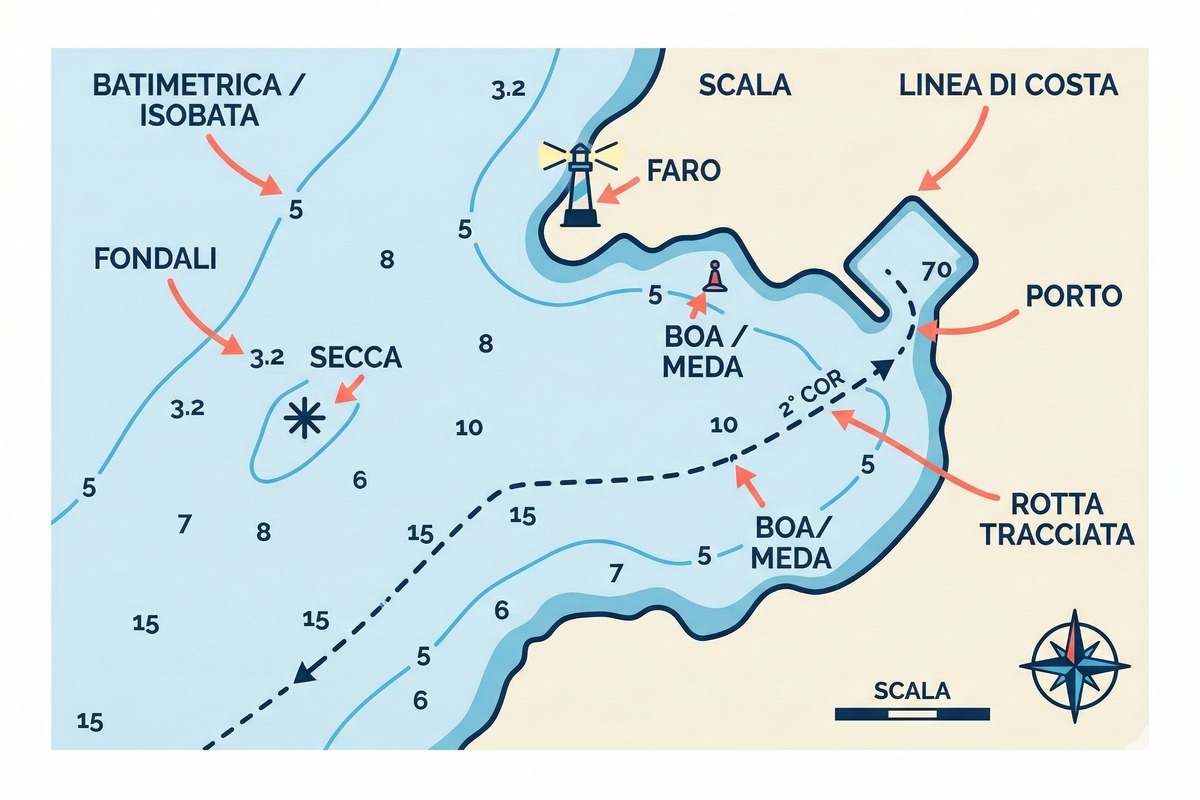 Carta nautica annotata: batimetriche, fondali, secca, faro, boa, rotta tracciata e simboli principali