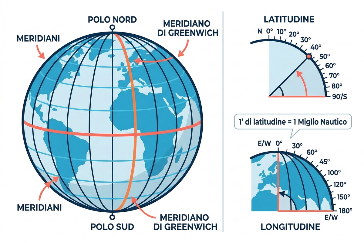 Globo terrestre con latitudine e longitudine: equatore, meridiani, paralleli e meridiano di Greenwich