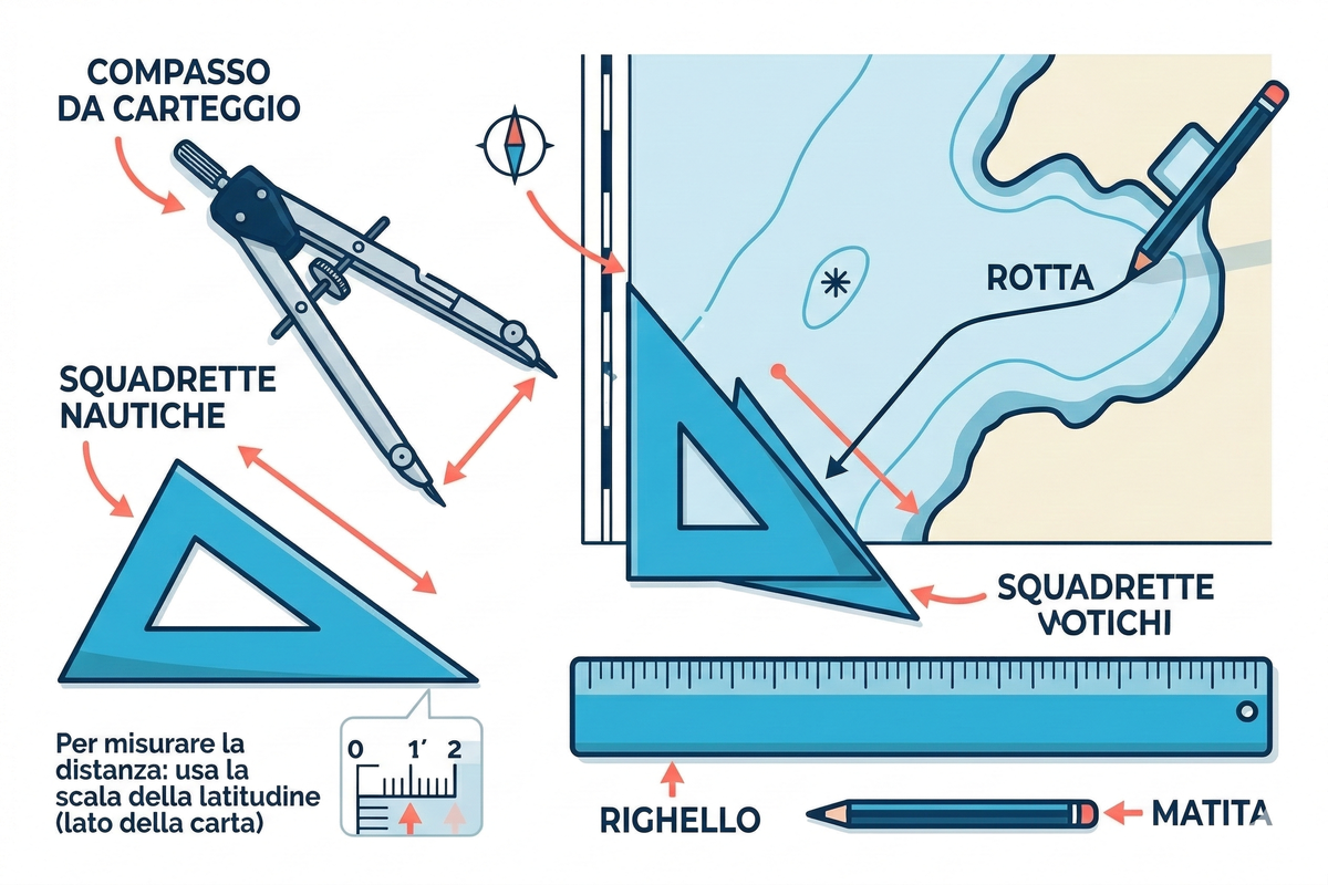 Strumenti per il carteggio nautico: compasso, squadrette, righello e matita su carta nautica