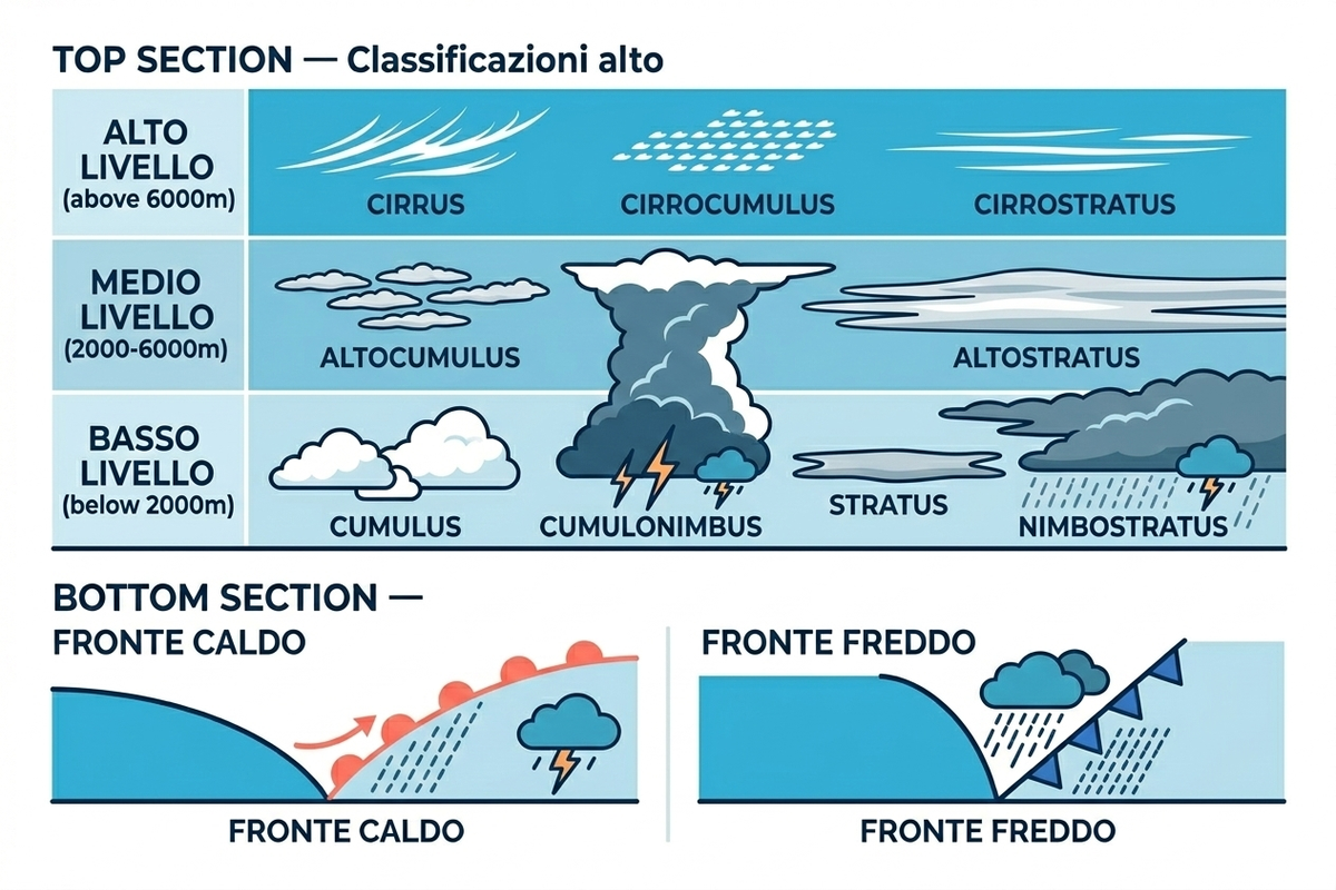 Classificazione nubi per quota e diagrammi dei fronti meteorologici: fronte caldo e fronte freddo