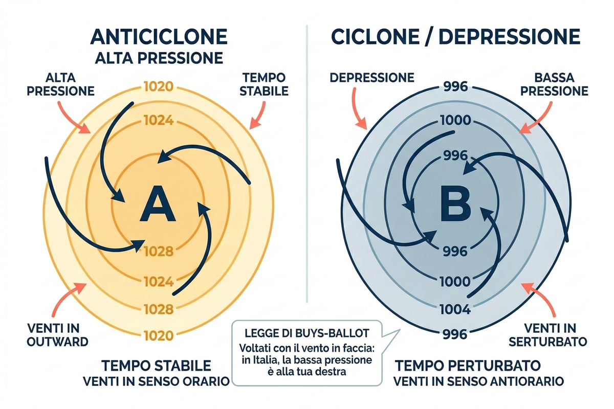 Sistemi di pressione: anticiclone (alta pressione, tempo stabile) e ciclone/depressione (bassa pressione, tempo perturbato)