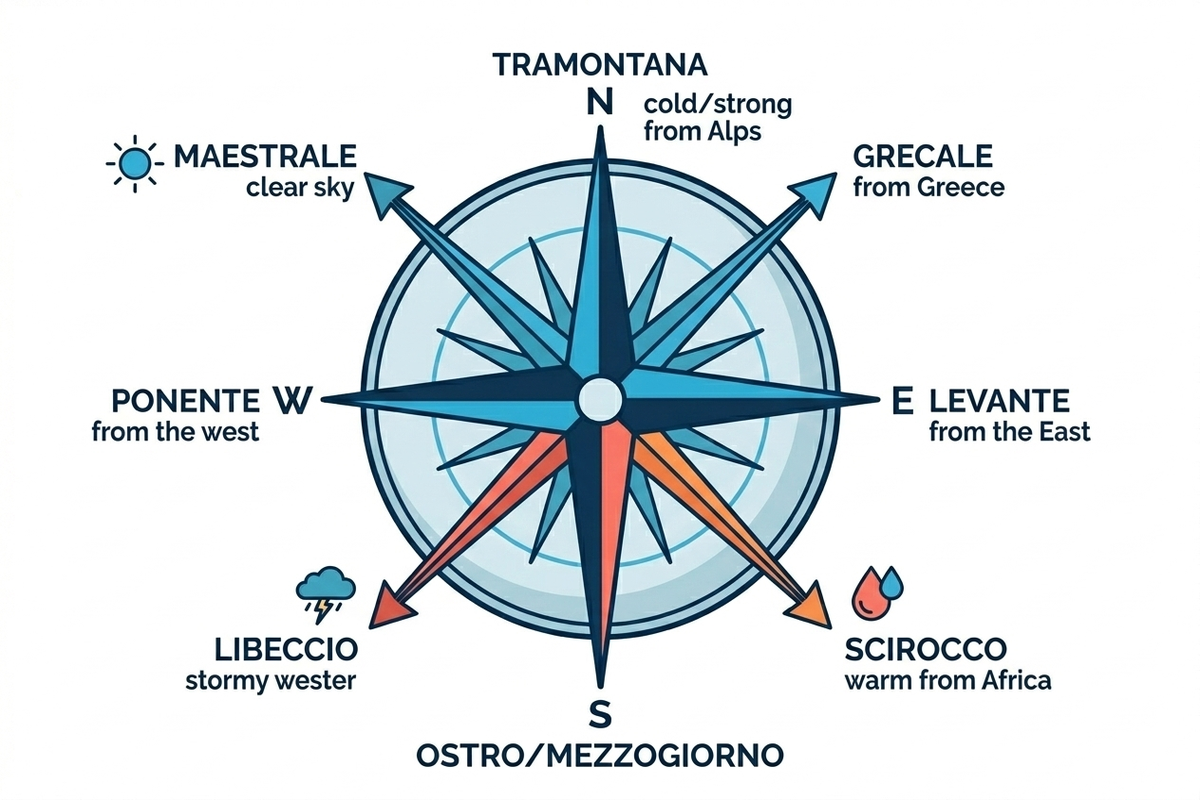 Rosa dei venti del Mediterraneo: Tramontana, Grecale, Levante, Scirocco, Ostro, Libeccio, Ponente, Maestrale