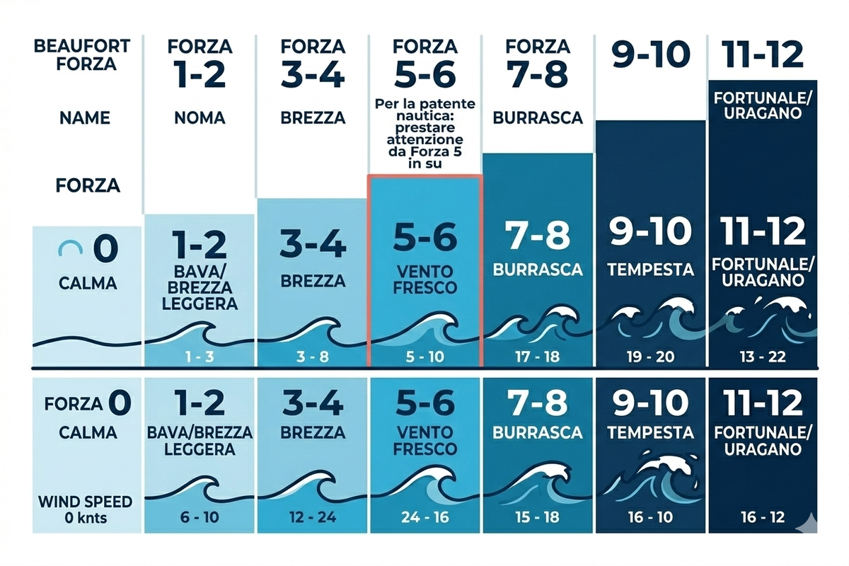Scala Beaufort: stati del mare da Forza 0 (calma) a Forza 12 (uragano) con velocità del vento in nodi