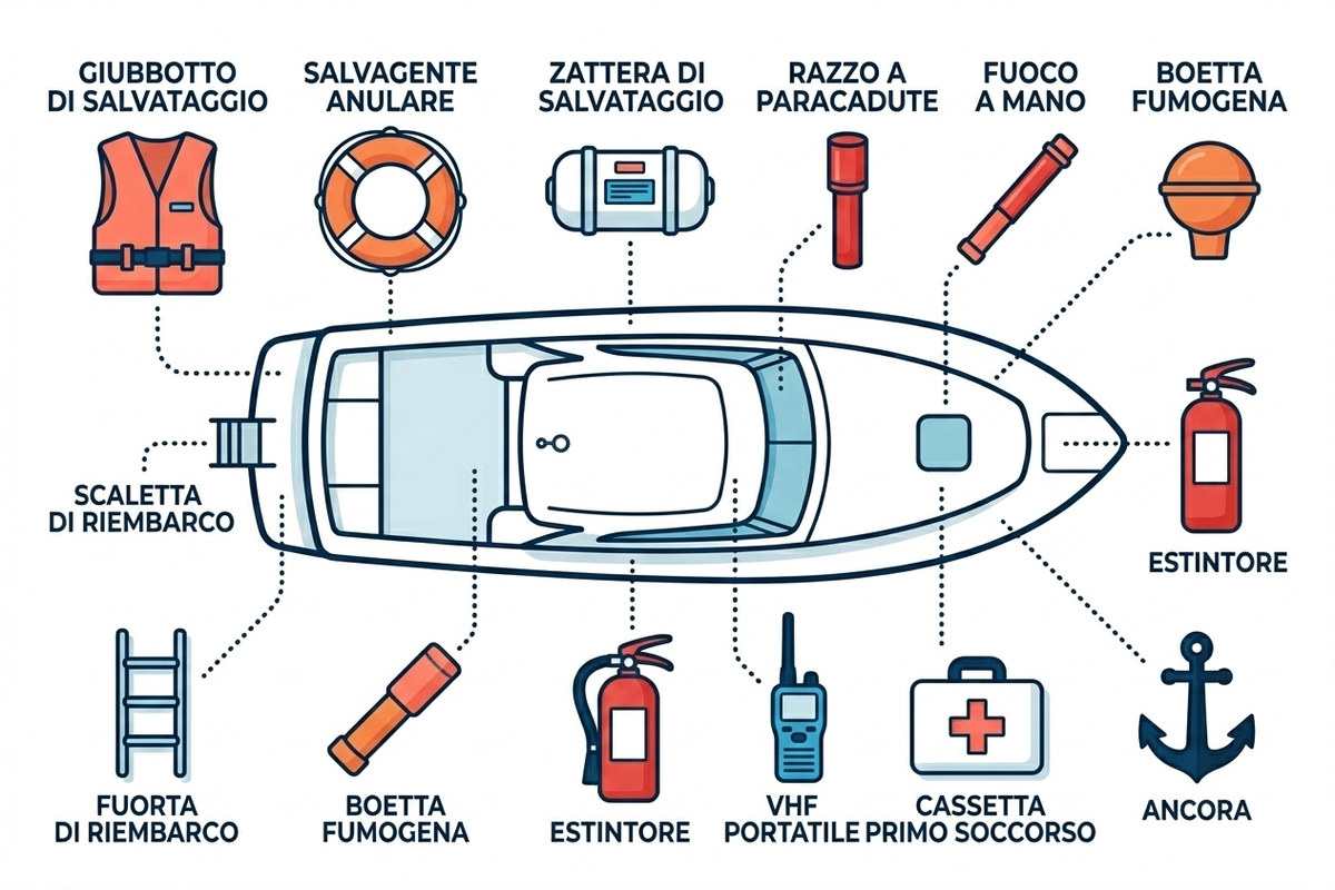 Dotazioni di sicurezza obbligatorie a bordo: giubbotti, salvagente, zattera, razzi, estintore, VHF e cassetta pronto soccorso