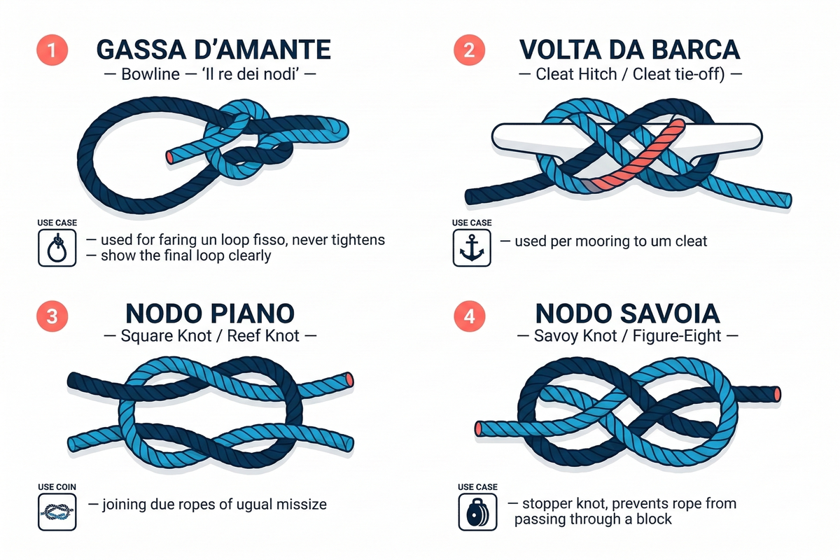 I quattro nodi fondamentali della nautica: gassa d'amante, volta da barca, nodo piano, nodo savoia