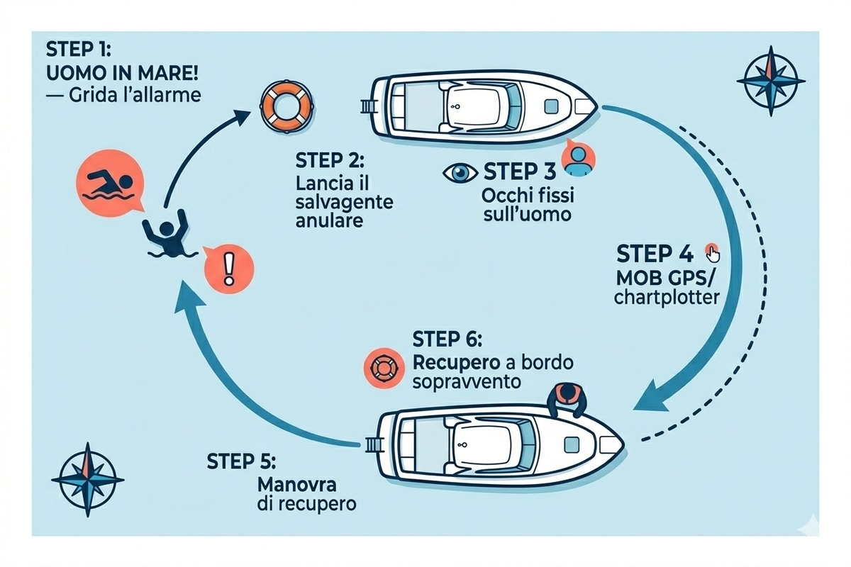 Procedura uomo in mare (MOB): manovra di recupero passo per passo — allarme, salvagente, GPS, manovra, recupero