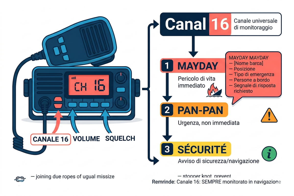 Canali VHF per emergenze nautiche: Canale 16 obbligatorio, procedure MAYDAY PAN-PAN SÉCURITÉ