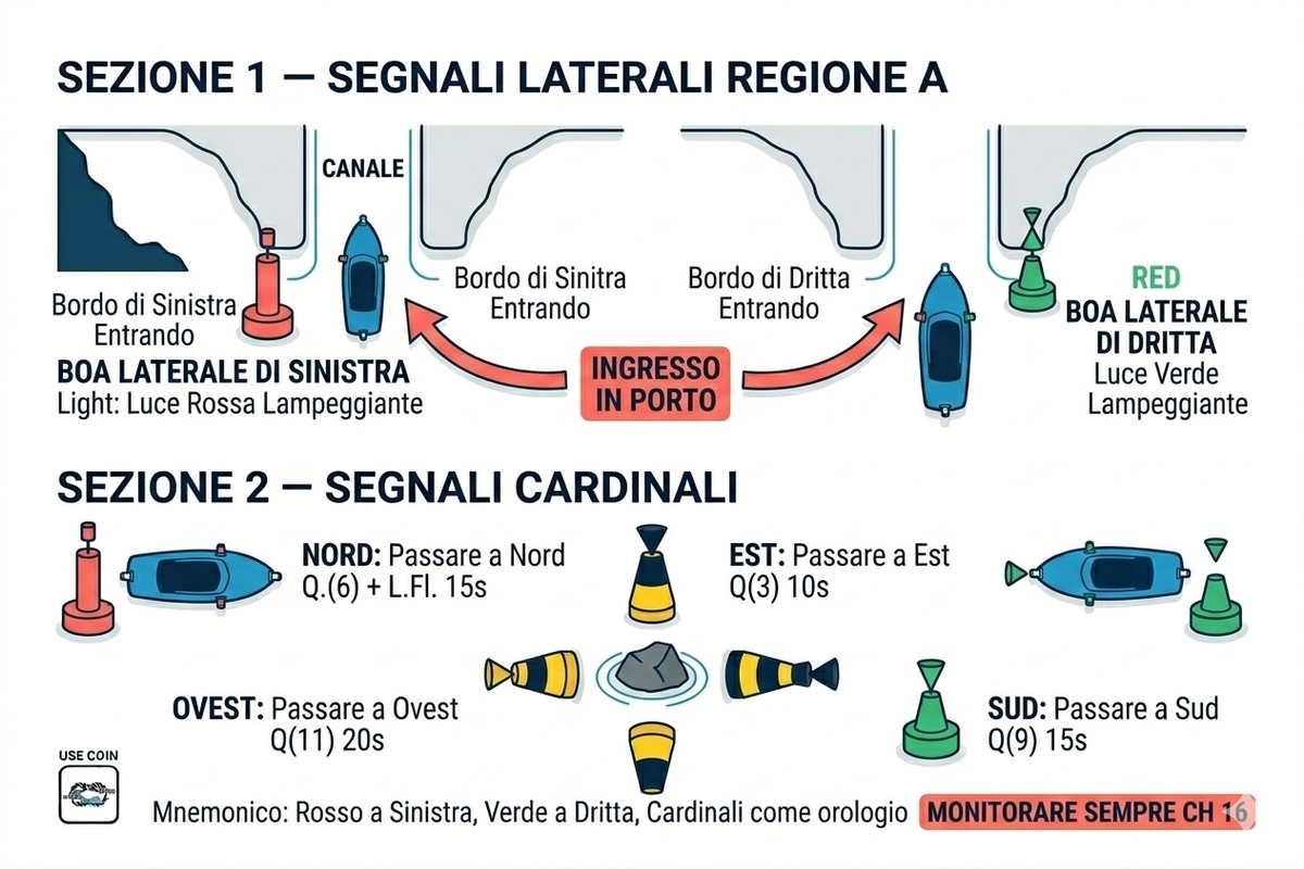 Sistema IALA Regione A: boe laterali (rosso sinistra, verde dritta) e boe cardinali per segnalare pericoli