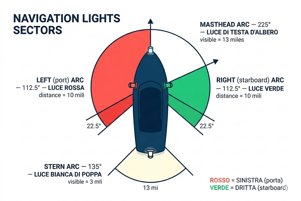 Settori di visibilità luci di navigazione: luce rossa sinistra 112.5°, verde dritta 112.5°, bianca poppa 135°
