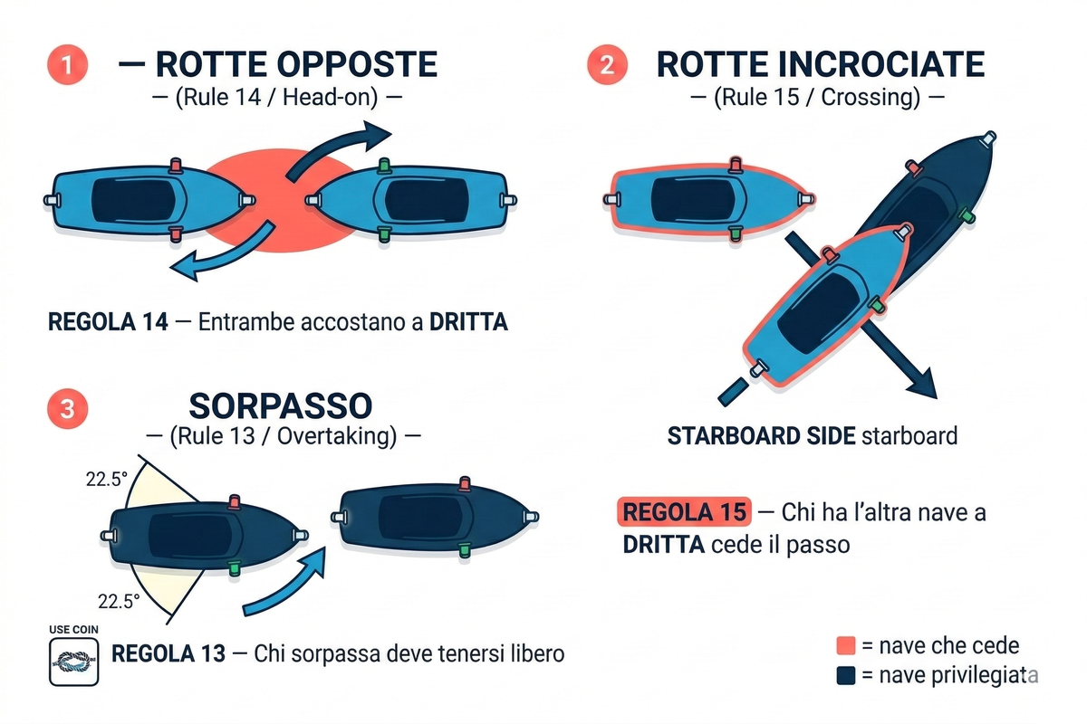 Scenari di rotta COLREG: rotte opposte (Regola 14), rotte incrociate (Regola 15), sorpasso (Regola 13)