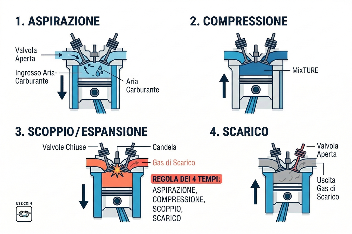 Ciclo a 4 tempi (ciclo Otto): Aspirazione, Compressione, Scoppio/Espansione, Scarico — A-C-S-S