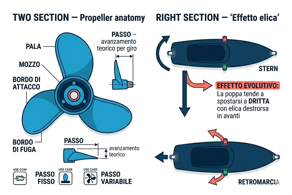 Anatomia dell'elica marina e effetto evolutivo: pala, mozzo, passo fisso/variabile, scarroccio in retromarcia