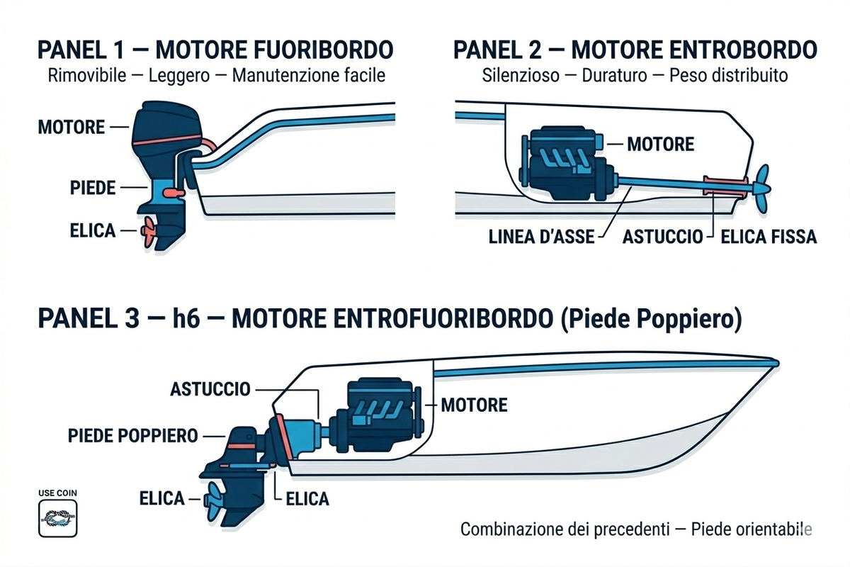 Tre tipologie di motori marini: fuoribordo (esterno), entrobordo (interno con asse), entrofuoribordo (piede poppiero)