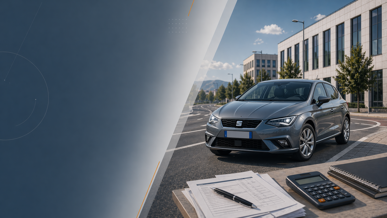 Cover editoriale dell'articolo sui costi della patente B, con auto compatta, documenti e strumenti di pianificazione in un contesto ordinato