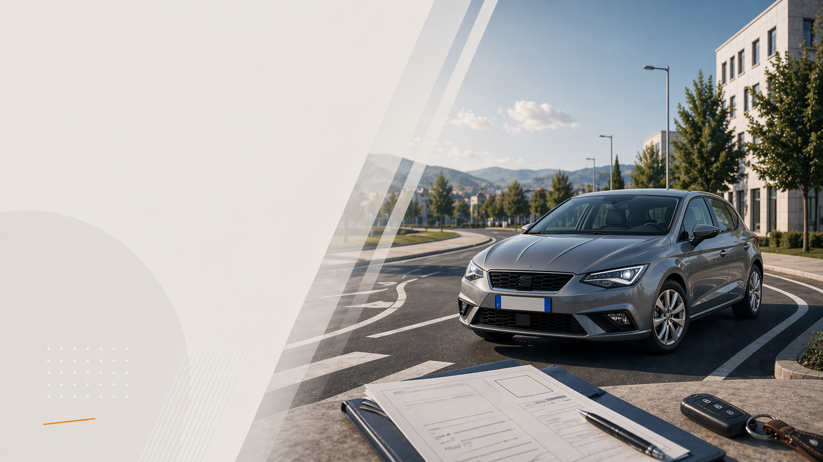 Cover editoriale dell'articolo sul foglio rosa patente B, con auto in percorso urbano ordinato e documenti neutri di pratica