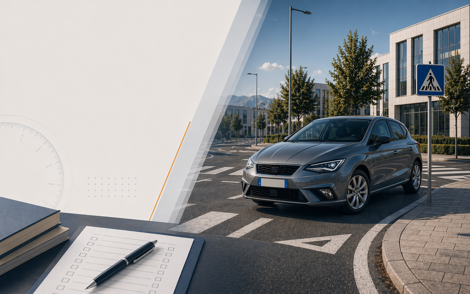 Cover editoriale dell'articolo sugli errori all'esame teorico patente B, con auto in contesto urbano e scheda quiz pulita