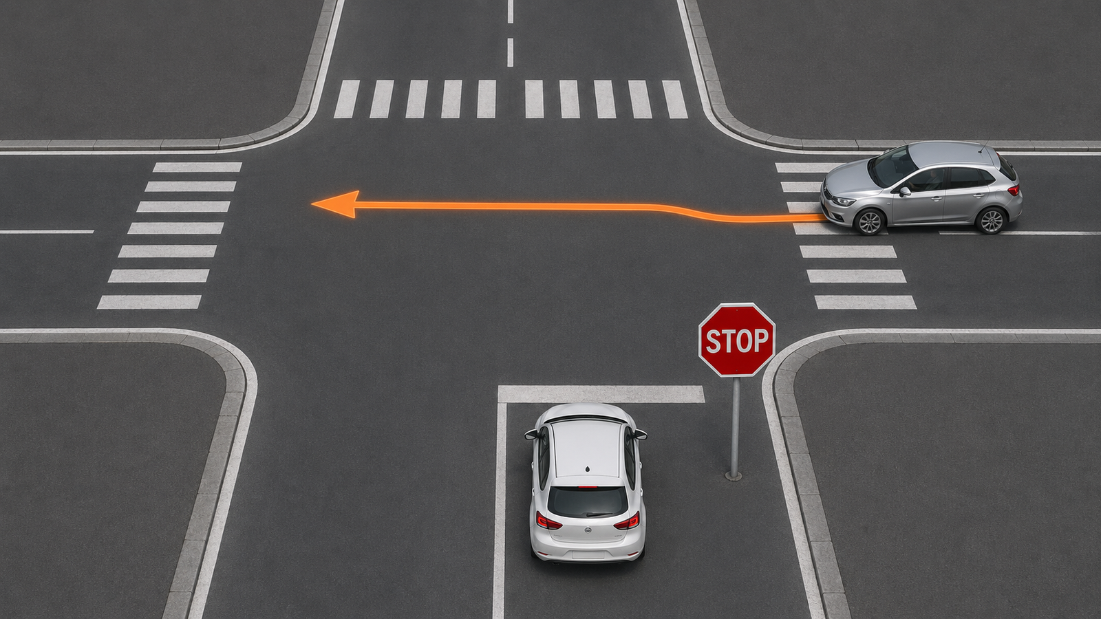 Infografica di un incrocio con gerarchia visiva tra segnali, traiettorie e precedenza