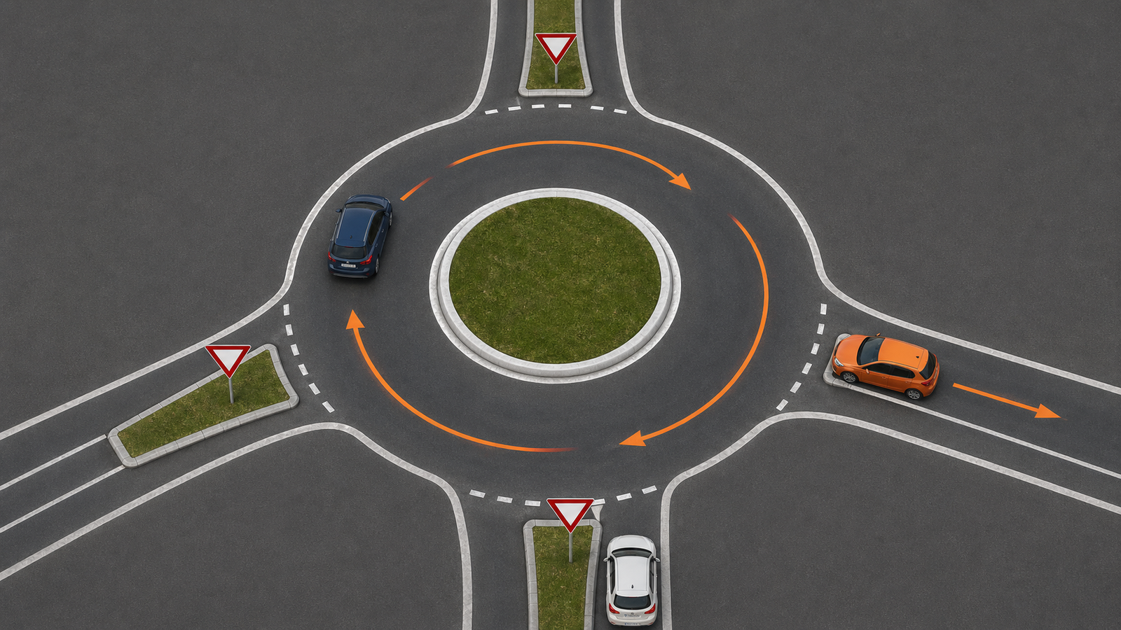 Infografica di una rotatoria con veicolo nell'anello, veicolo in ingresso e flusso corretto di precedenza