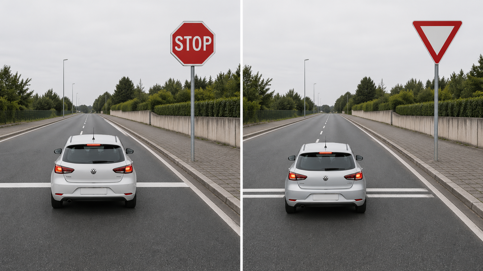 Infografica comparativa tra cartello STOP e dare precedenza con comportamento corretto del veicolo