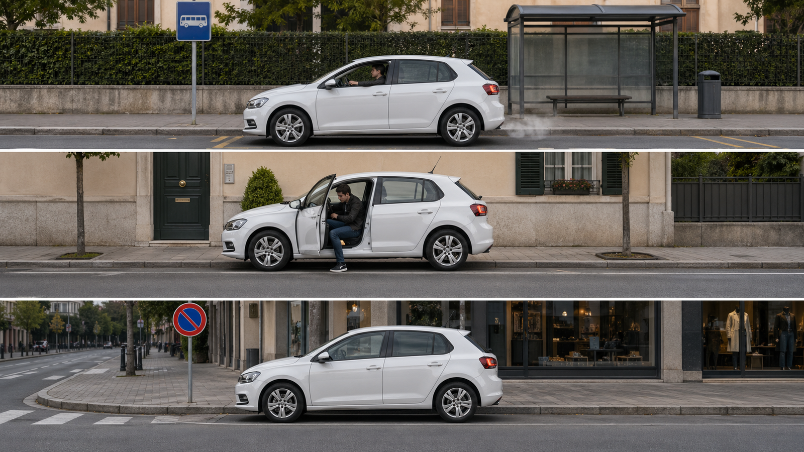 Infografica comparativa tra fermata, sosta e arresto con tre scenari distinti