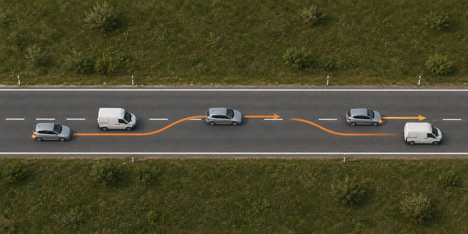 Infografica in sequenza che mostra le fasi corrette del sorpasso