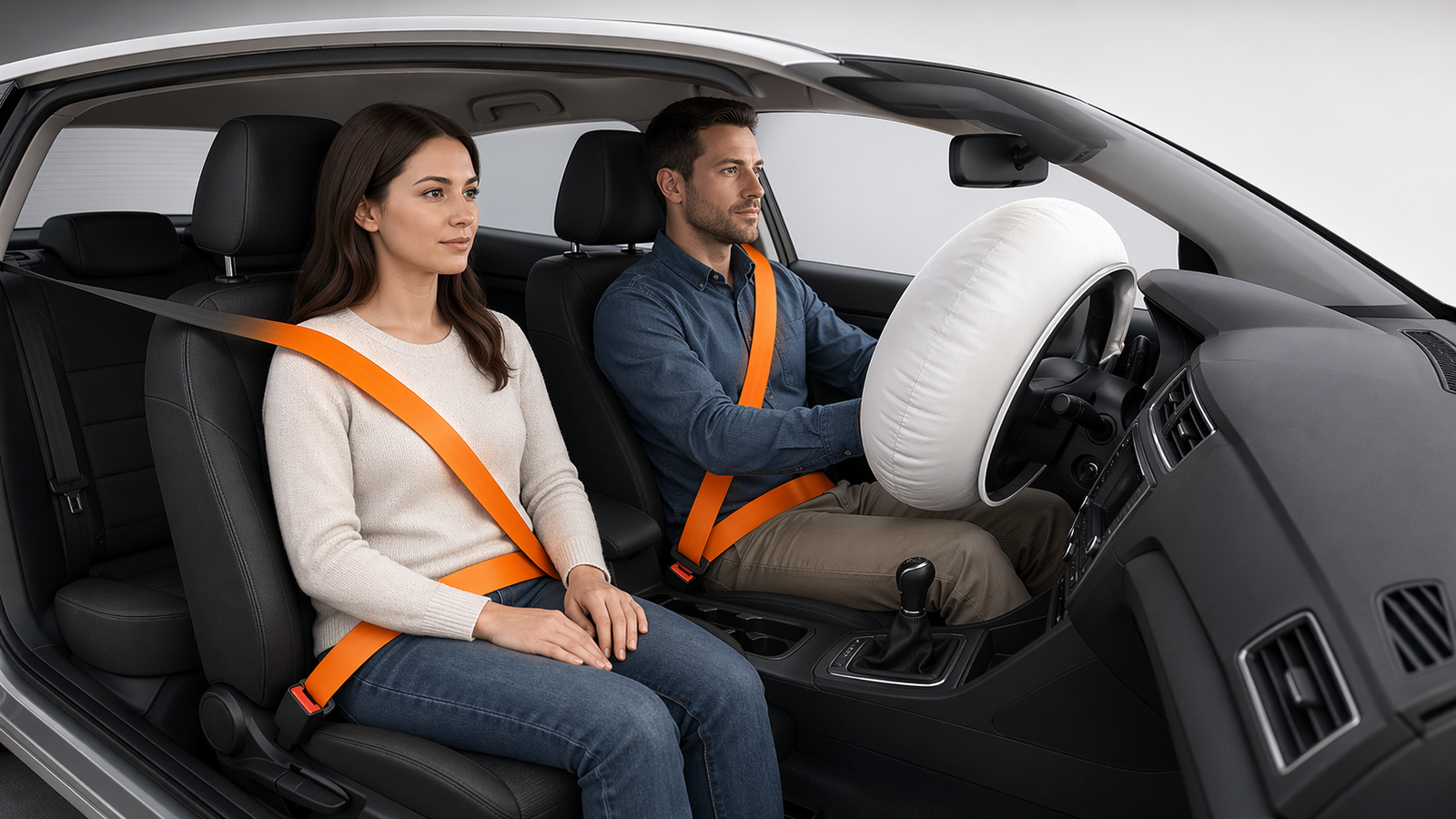 Infografica che mostra il lavoro combinato di cintura di sicurezza e airbag nell'abitacolo