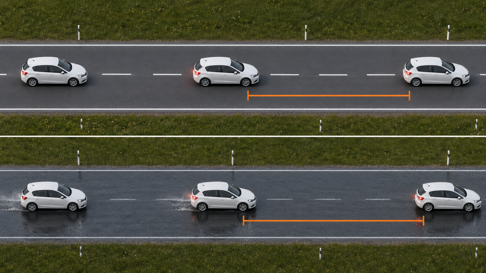 Infografica comparativa dello spazio di arresto a 50, 90 e 130 km orari