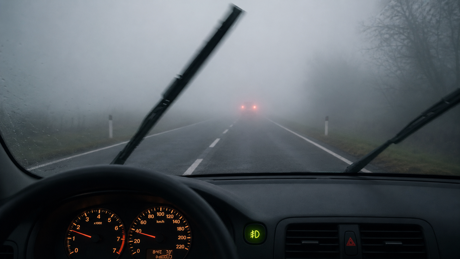 Infografica sulle corrette scelte di guida in condizioni di nebbia, pioggia forte e visibilità ridotta