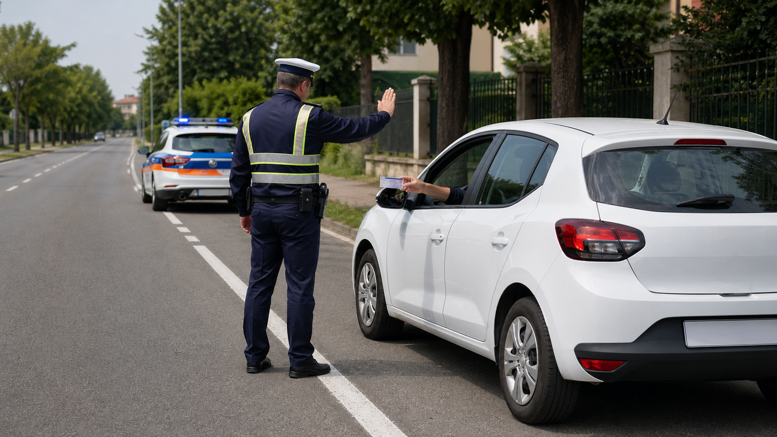 Infografica con controllo di polizia su strada e documenti richiesti al conducente