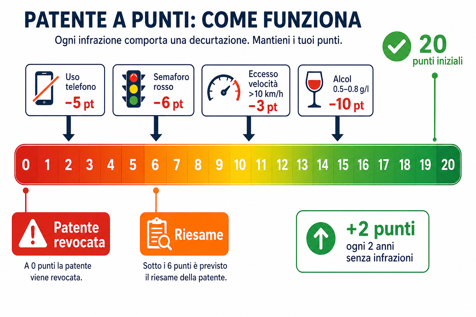 Infografica con barra della patente a punti, decurtazioni e soglie di attenzione