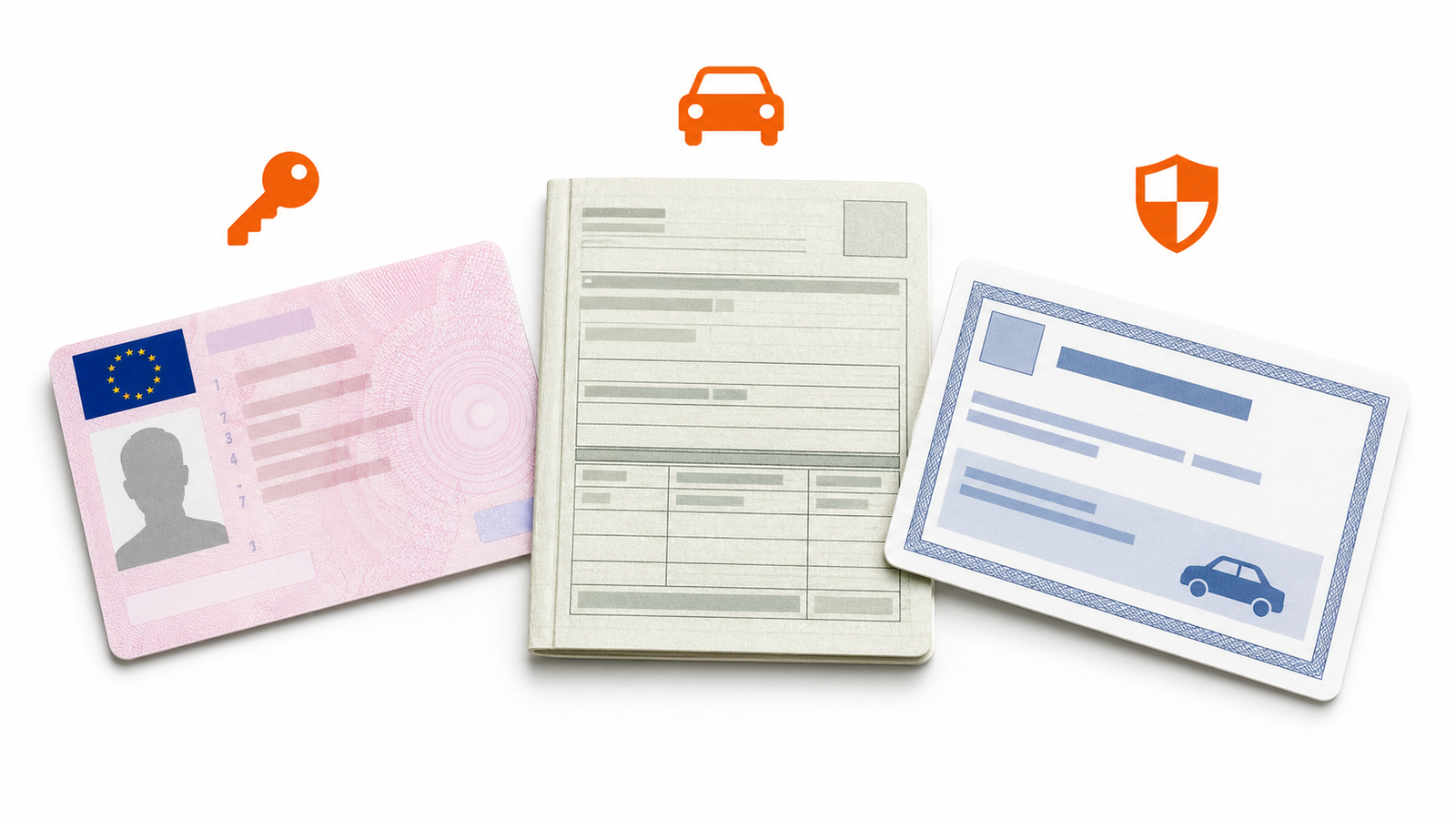 Infografica con patente, carta di circolazione e certificato assicurativo spiegati per funzione