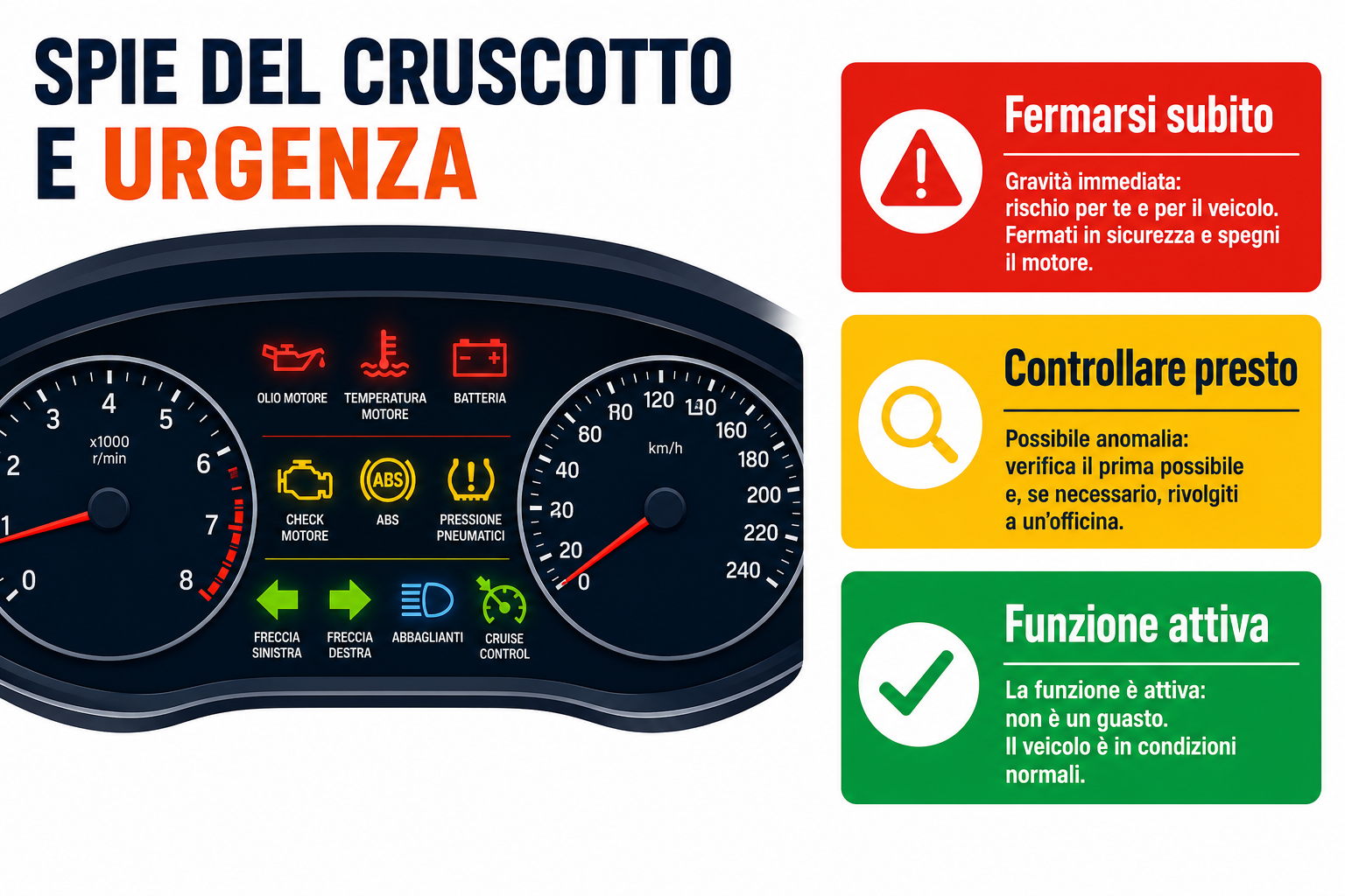 Infografica del cruscotto con spie rosse, gialle e verdi o blu divise per urgenza