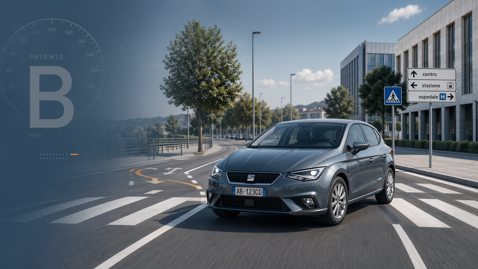 Auto compatta in ambiente urbano ordinato con segnaletica plausibile e corsie leggibili, immagine hero della sezione Patente B