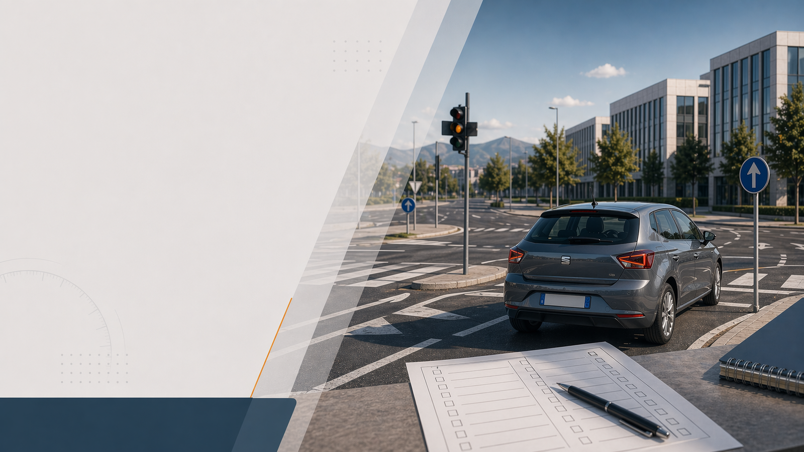 Hero editoriale del quiz patente B con auto in contesto urbano ordinato e richiami visivi alla simulazione teorica