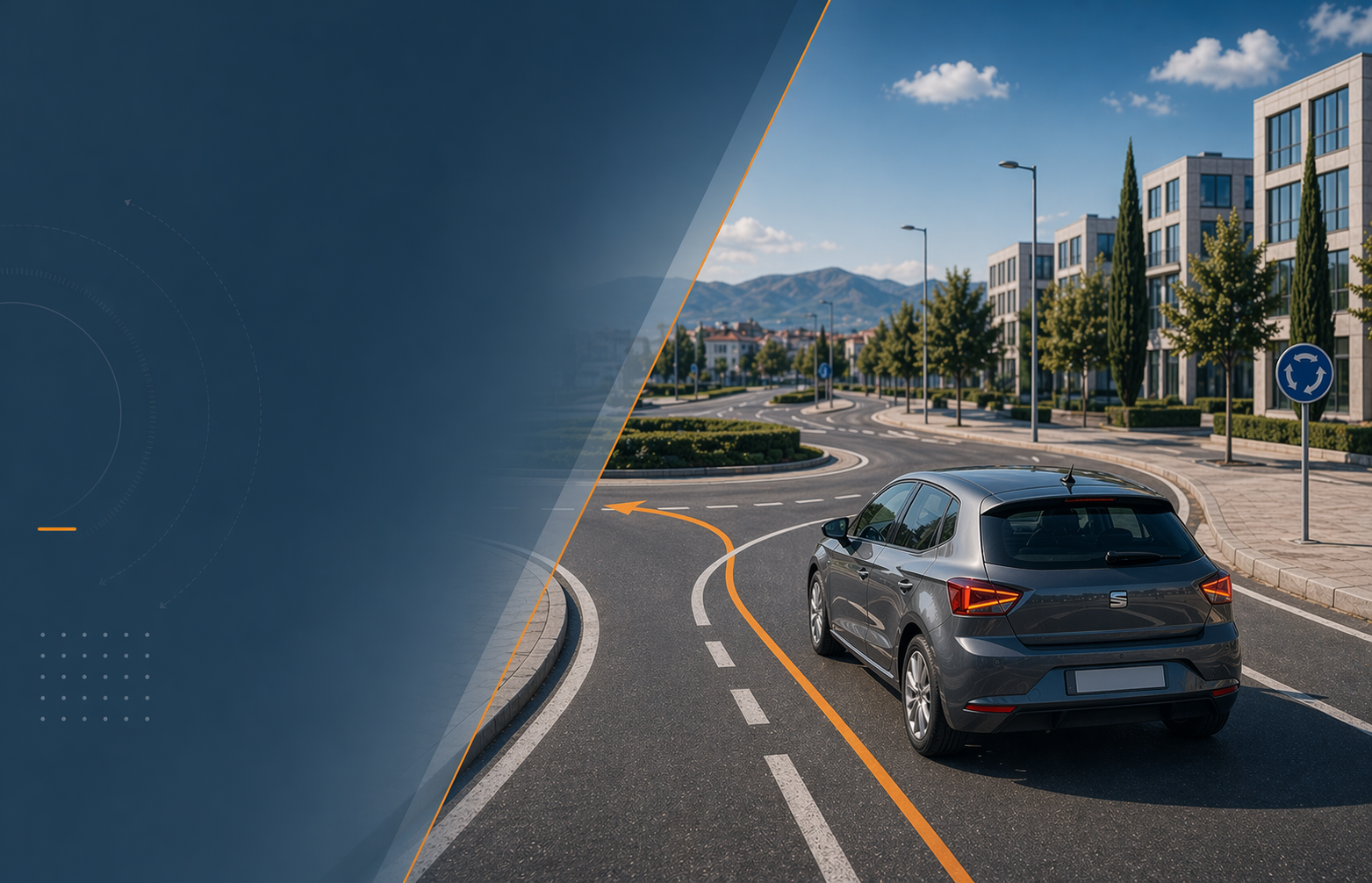 Cover del modulo circolazione e manovre con traiettoria stradale leggibile, rotatoria urbana e auto in posizione corretta