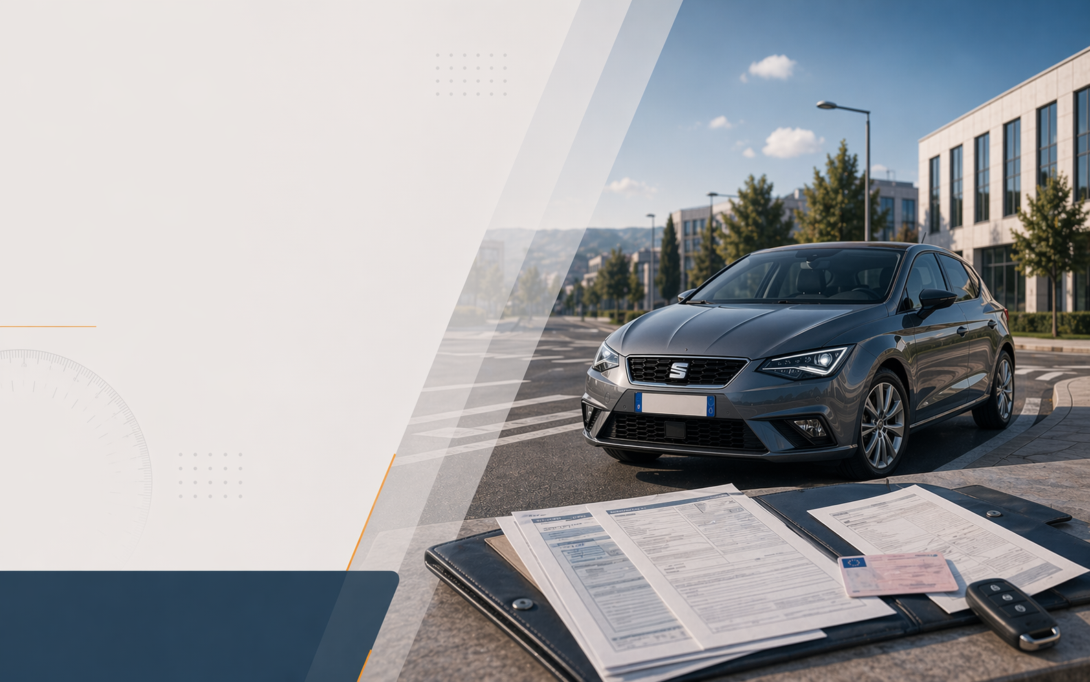 Cover del modulo documenti e sanzioni con auto in contesto urbano ordinato e documenti amministrativi mostrati in modo sobrio