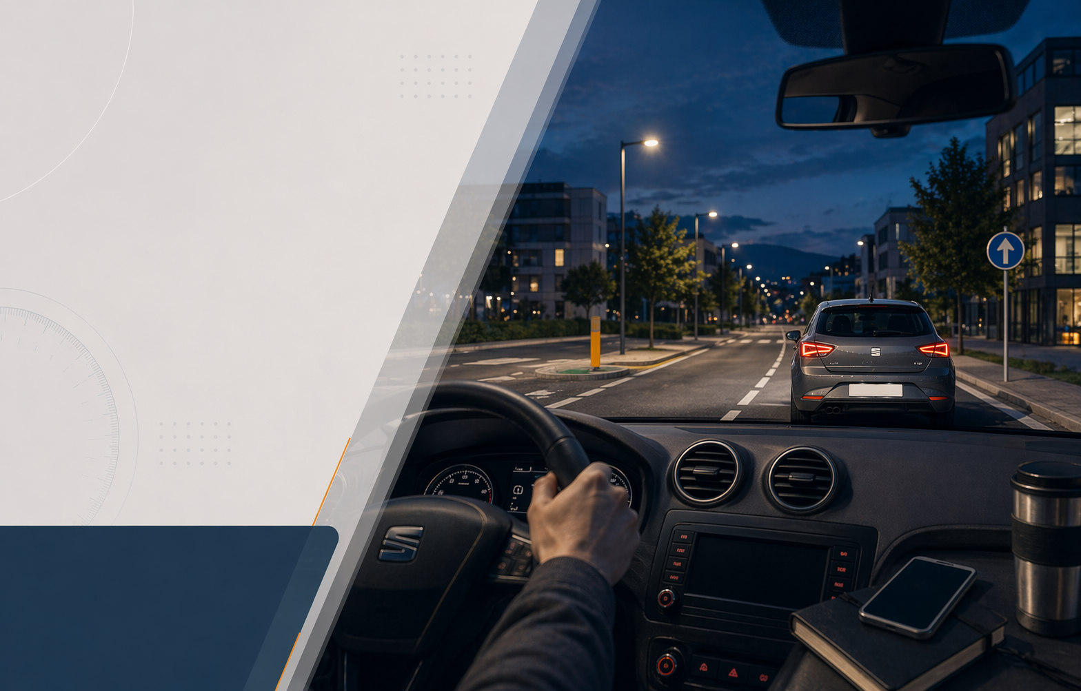 Cover del modulo rischi e neopatentati con scena di guida serale e richiami sobri a attenzione e autocontrollo